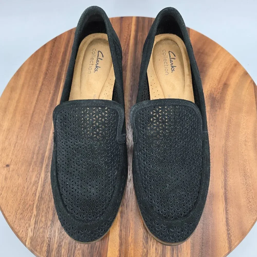 Clarks Shoes Women's 10 M Black Suede Leather Perforated Comfort Loafers Trish